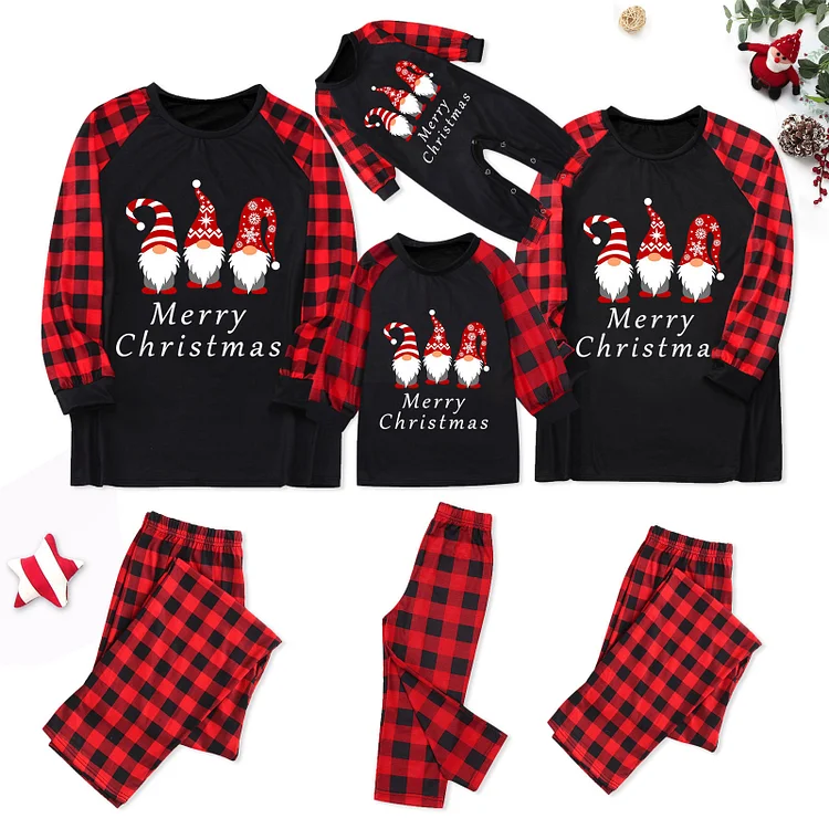 Merry Christmas Gnome Cartoon Print Red Plaids Family Matching Pajamas Sets