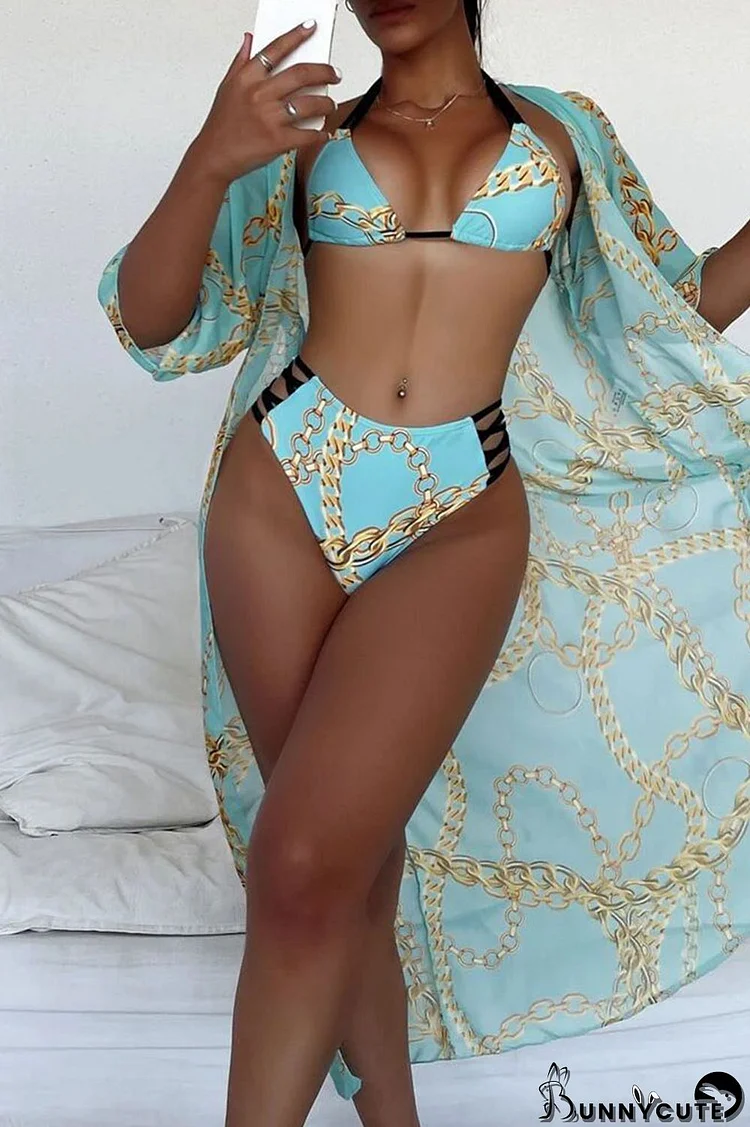 Light Blue Sexy Print Bandage Patchwork 3 Piece Sets