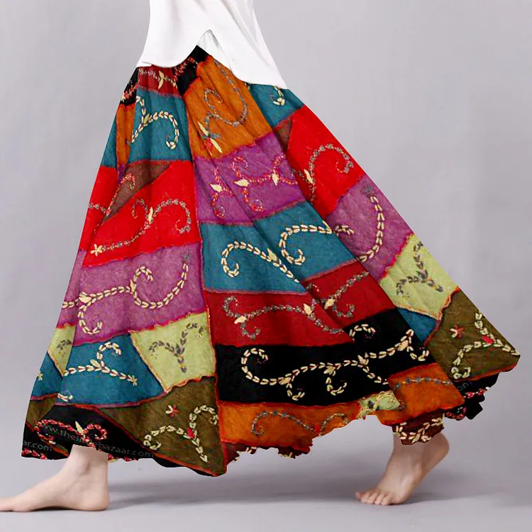 Boho Vintage Patchwork Flowy Wide Skirt
