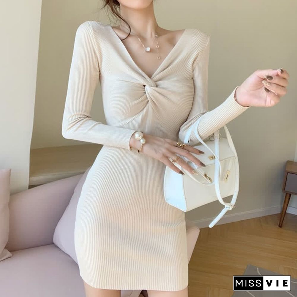 Pure Color V-neck Slim Knit Sweater Dress