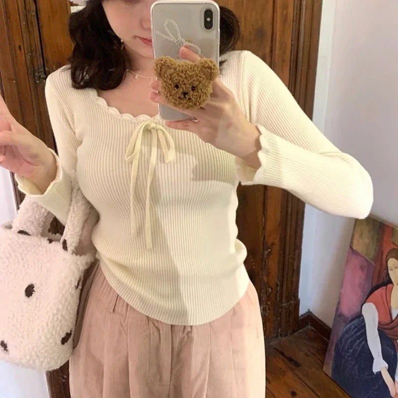Aiertu Kawaii Bow T-shirts Women Coquette Lace Sexy Korean Fashion Sweet Long Sleeve Cutecore Slim Up Solid Aesthetics Tops Aiertu