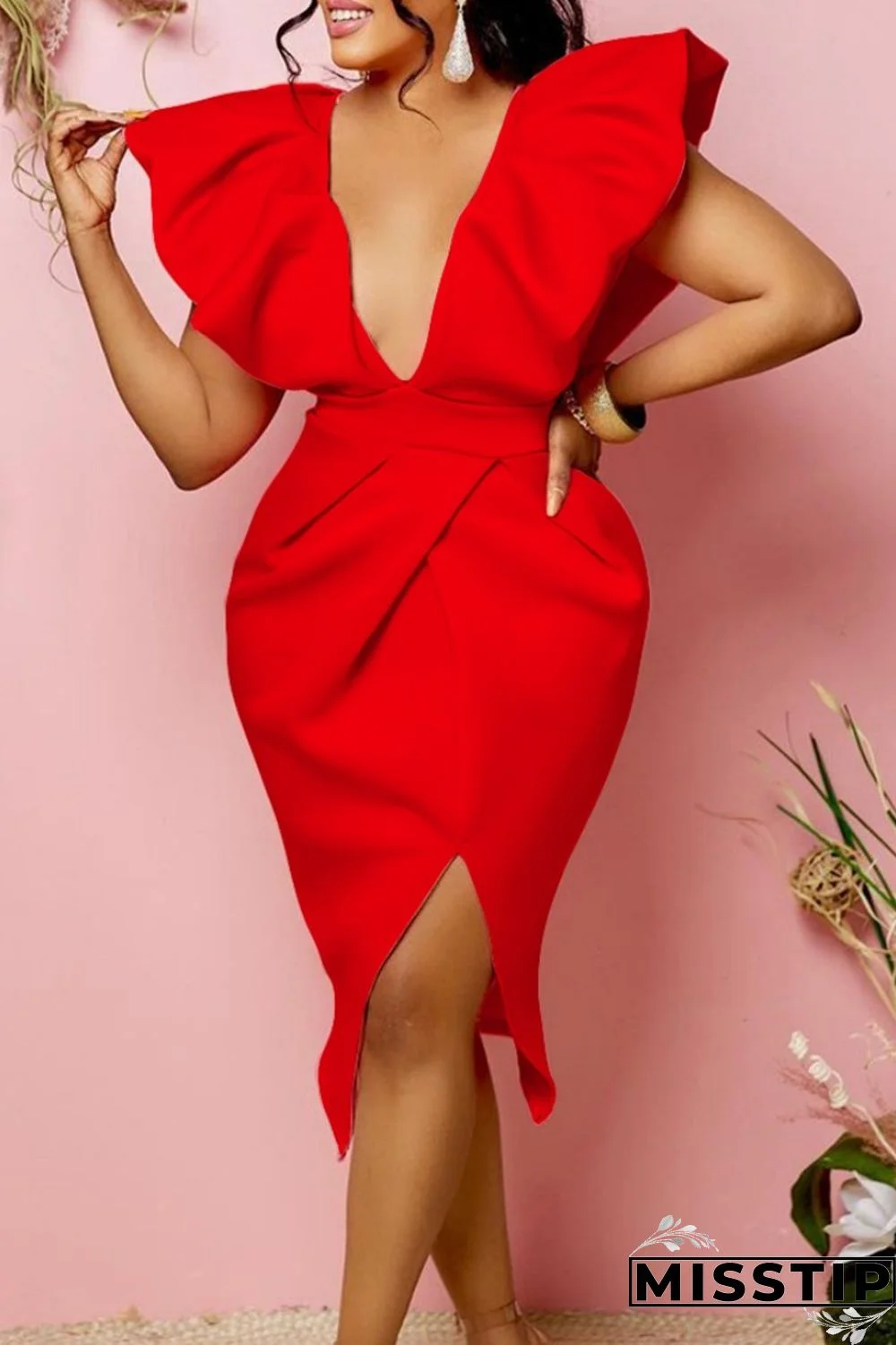Red Sexy Formal Solid Backless Slit V Neck Evening Dress Dresses