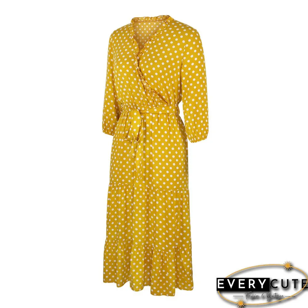 Yellow 3/4 Sleeve Polka Dot Ruffle Hem Maxi Dress
