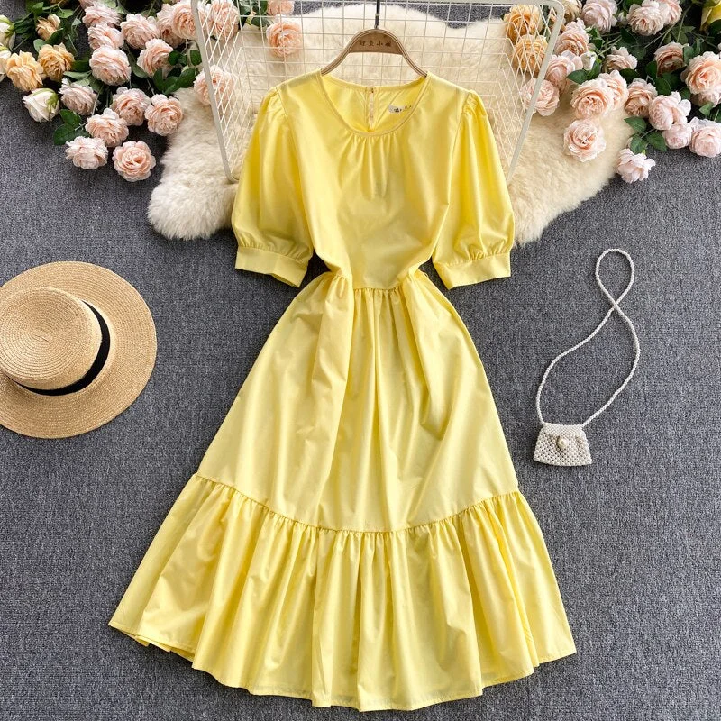 Croysier Casual Dresses For Women 2021 Elegant Ruffle Hem Belted Midi Dress Round Neck Short Puff Sleeve Summer Dress Clothes