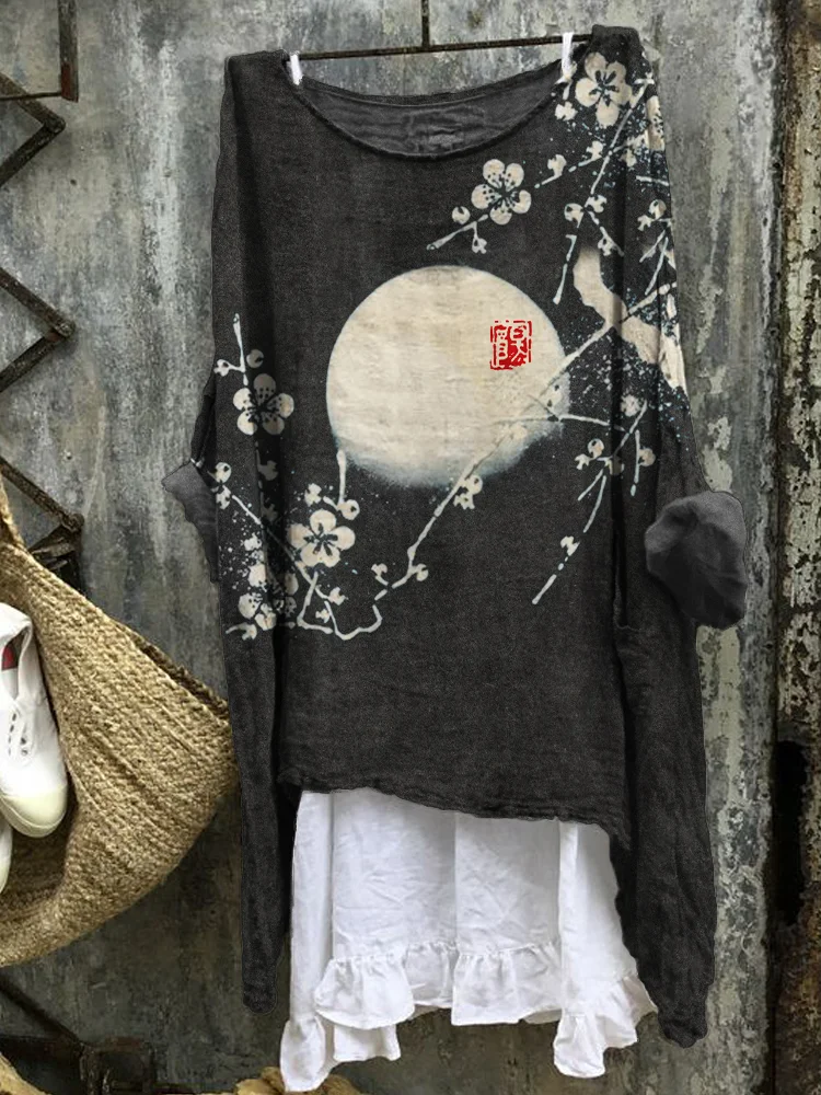 Plum Blossom Full Moon Japanese Art Linen Blend Tunic