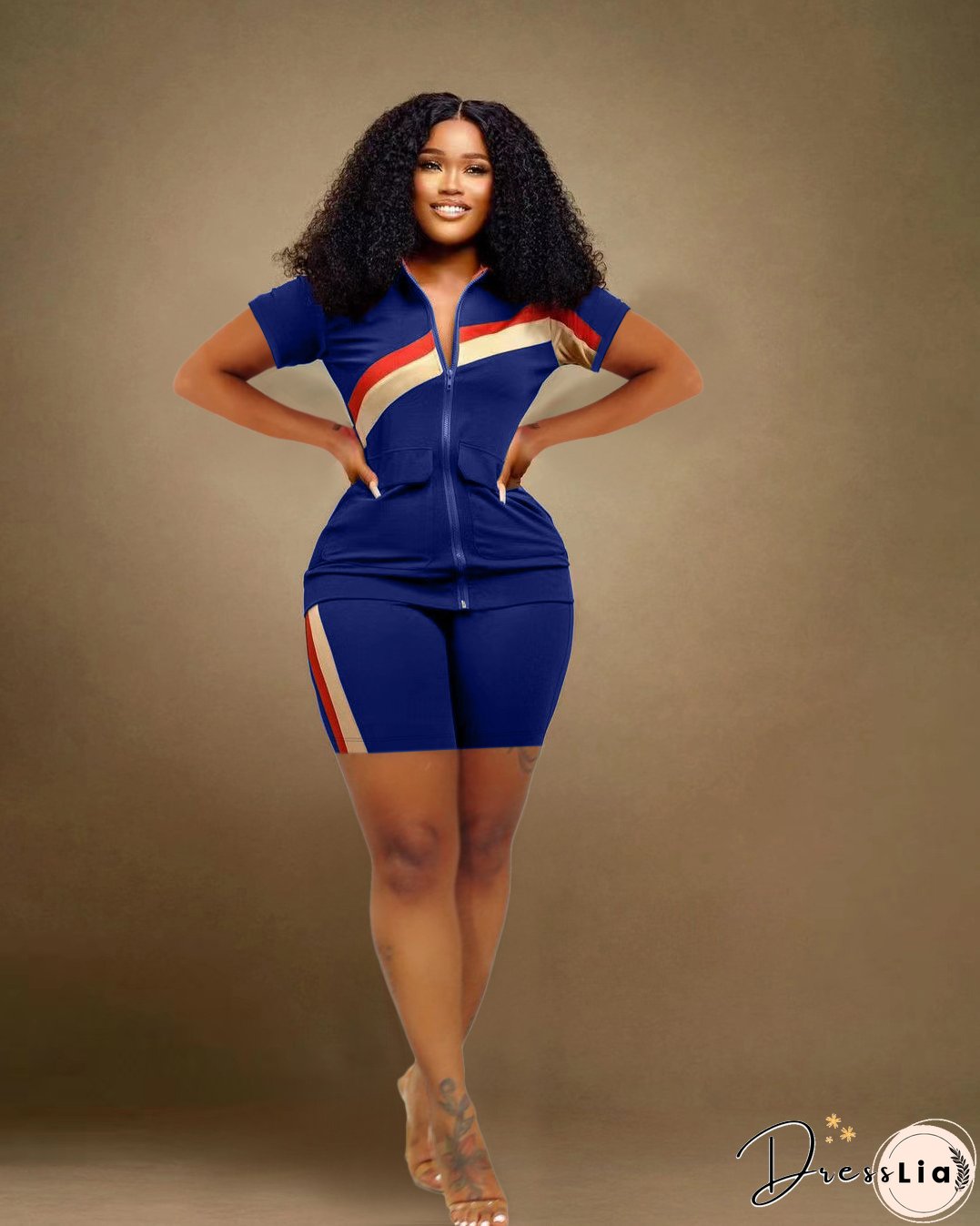 Women's Sports Casual Fashion Zip Pocket Top Shorts Two-Piece Set