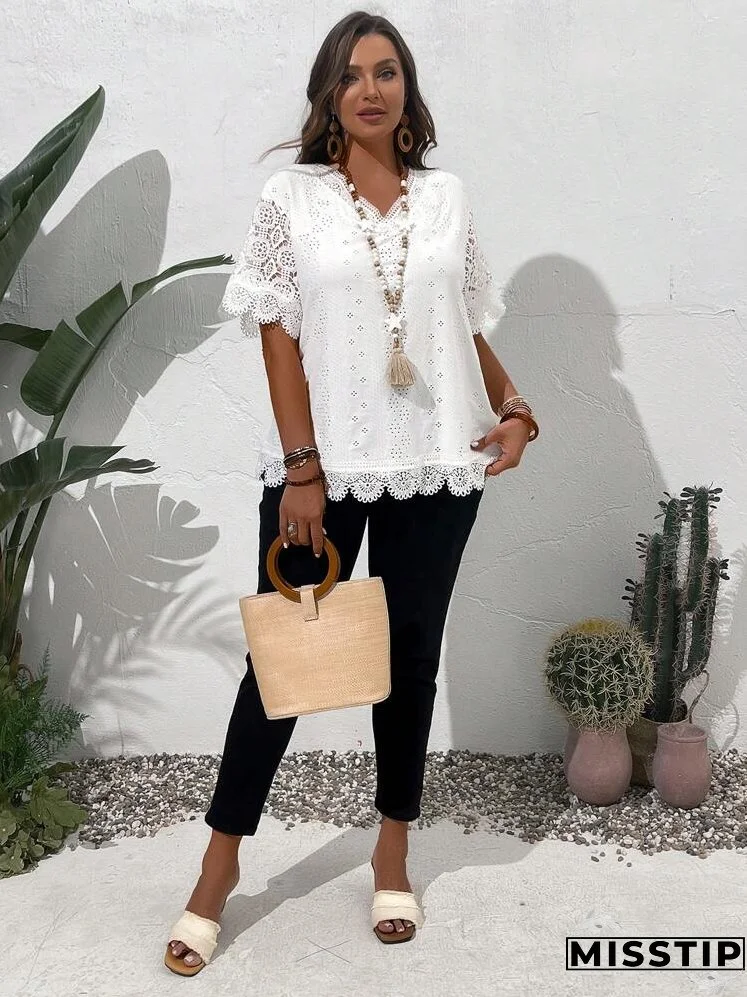 Plus Size Solid Color V-Neck Hollow Embroidery Elegant Short Sleeve Shirt, Summer