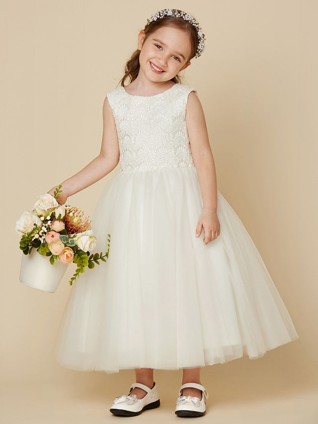 Oknass Sleeveless Jewel Neck Knee Length Flower Girl Dress Lace Satin Tulle With Lace