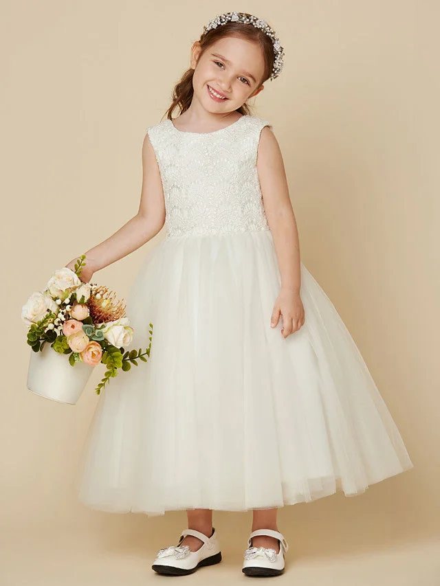 Daisda Sleeveless Jewel Neck Knee Length Flower Girl Dress Lace Satin Tulle With Lace