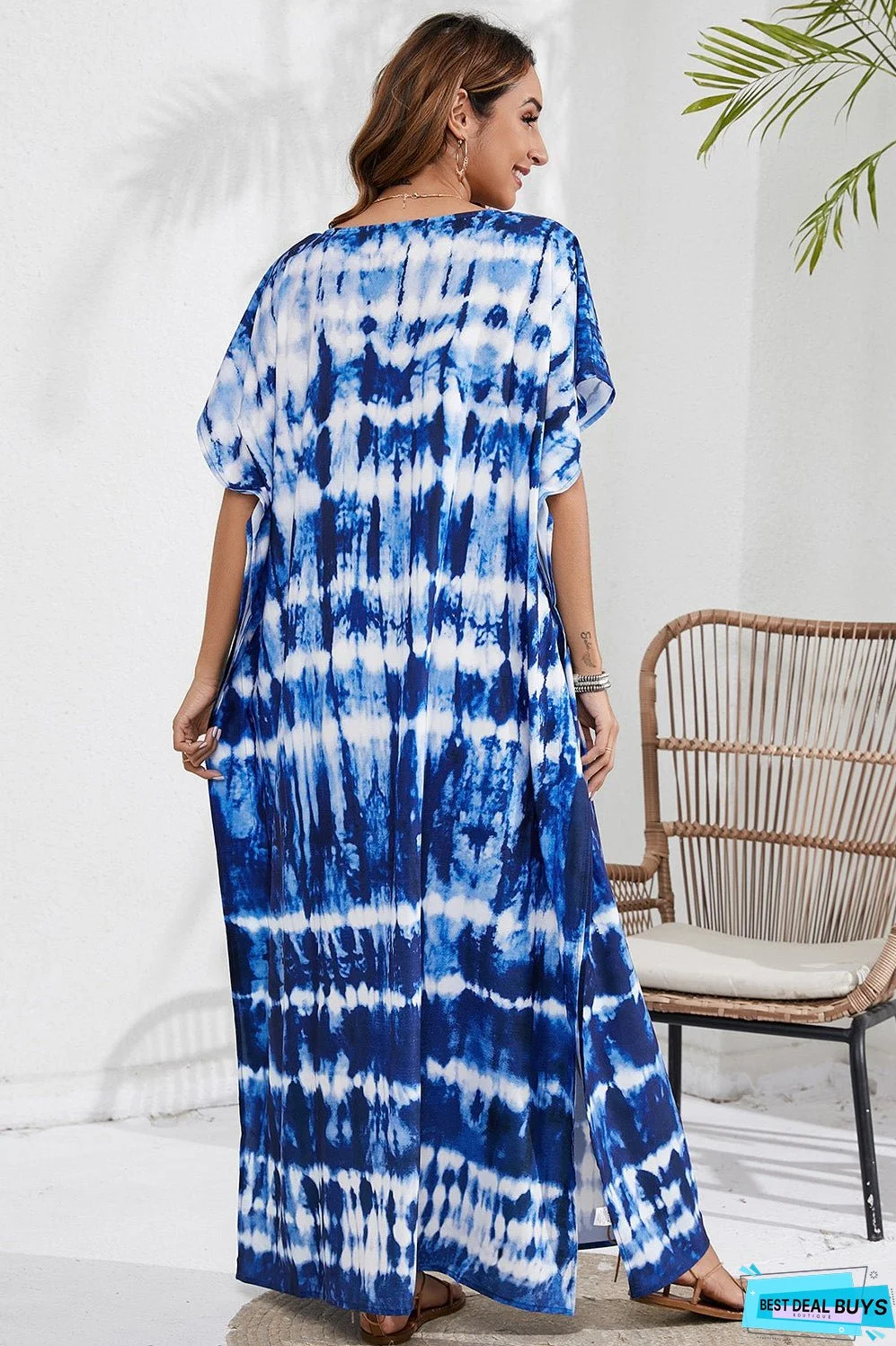 Slit Printed V-Neck Short Sleeve Cover Up