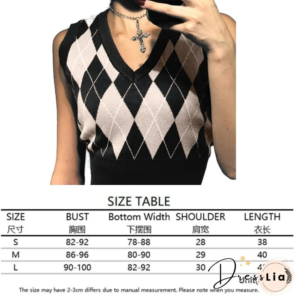 V Neck Vintage Argyle Sweater Vest Women Black Sleeveless Plaid Knitted Crop Sweaters Casual Autumn Preppy Style tops