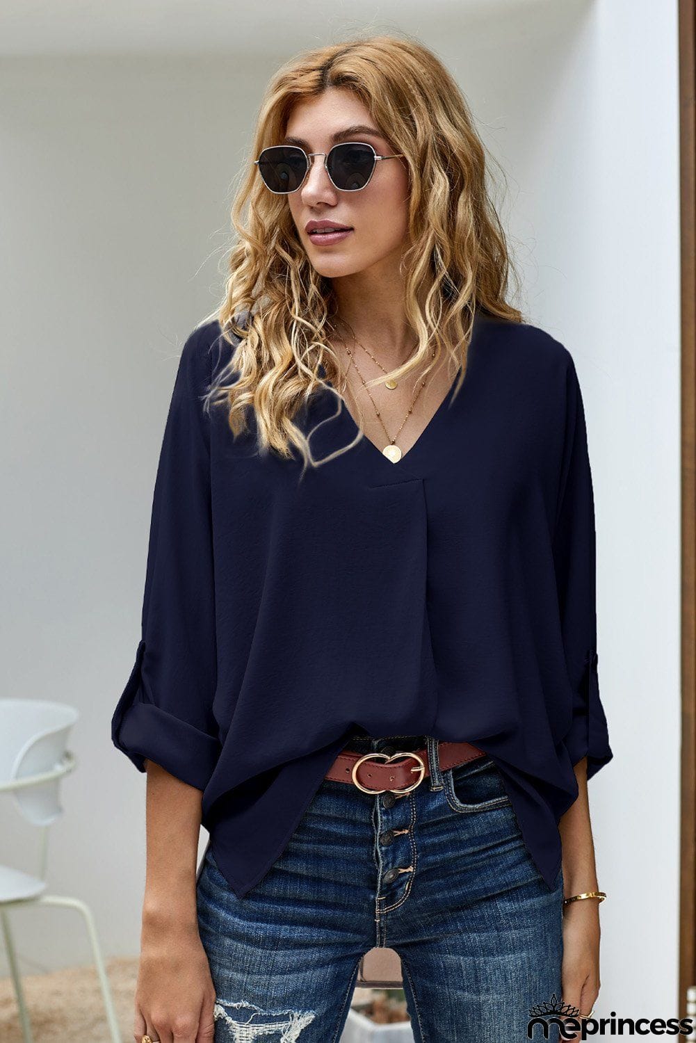 Women's Navy Blue V Neck 3/4 Sleeve High Low Hem Shirt