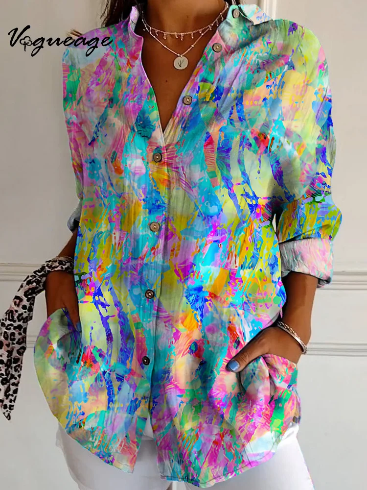 Fashionable Bright Color Blocks Long Sleeves Printed Cotton And Linen Shirt