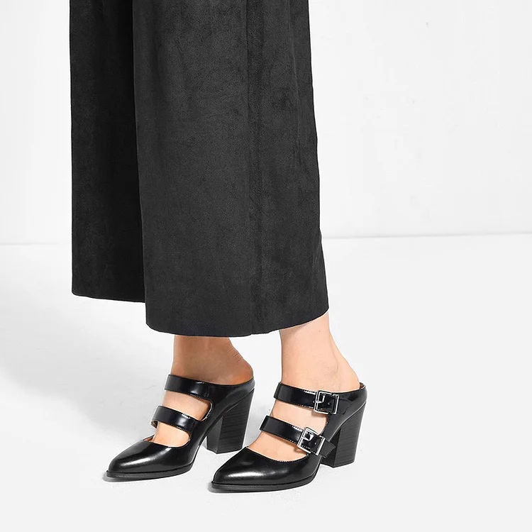 Black Double Strap Buckled Block Heel Mules for Women |FSJ Shoes