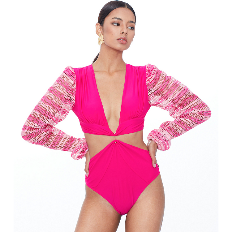 Flaxmaker Long Sleeve Cutout Red One Piece Swimsuit