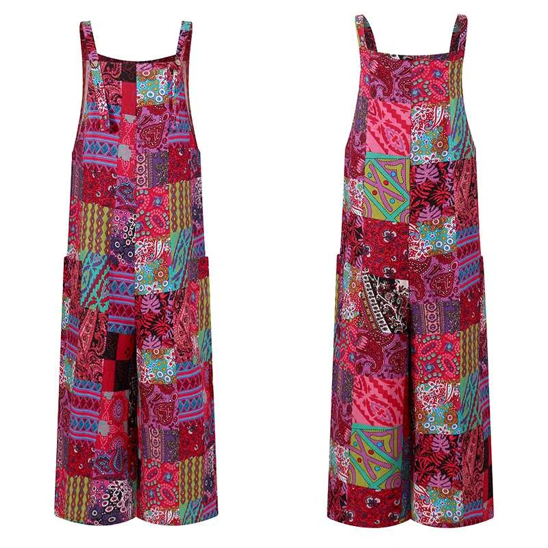 VONDA Loose Rompers 2022 Women Sexy Sleeveless Casual Wide Leg Jumpsuits  Vintage Printed Beach Overalls Femme Pants