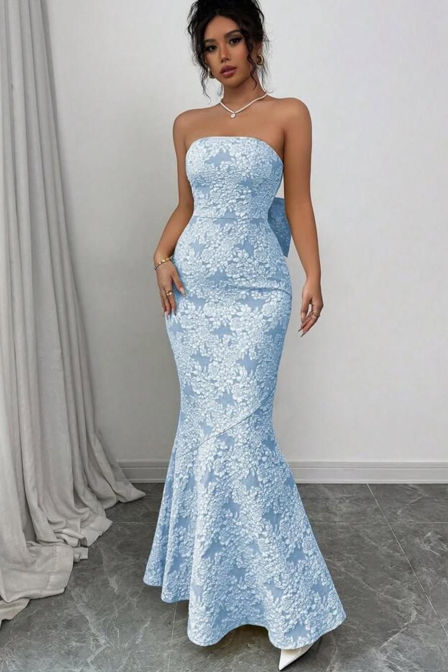 Oknass Strapless Sleeveless Long Mermaid Prom Dress With Bowknot Embroidery