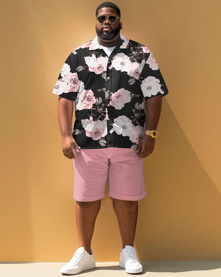 Men's Plus Size Casual Simple Floral Print Short Sleeve Shirt Shorts Suit