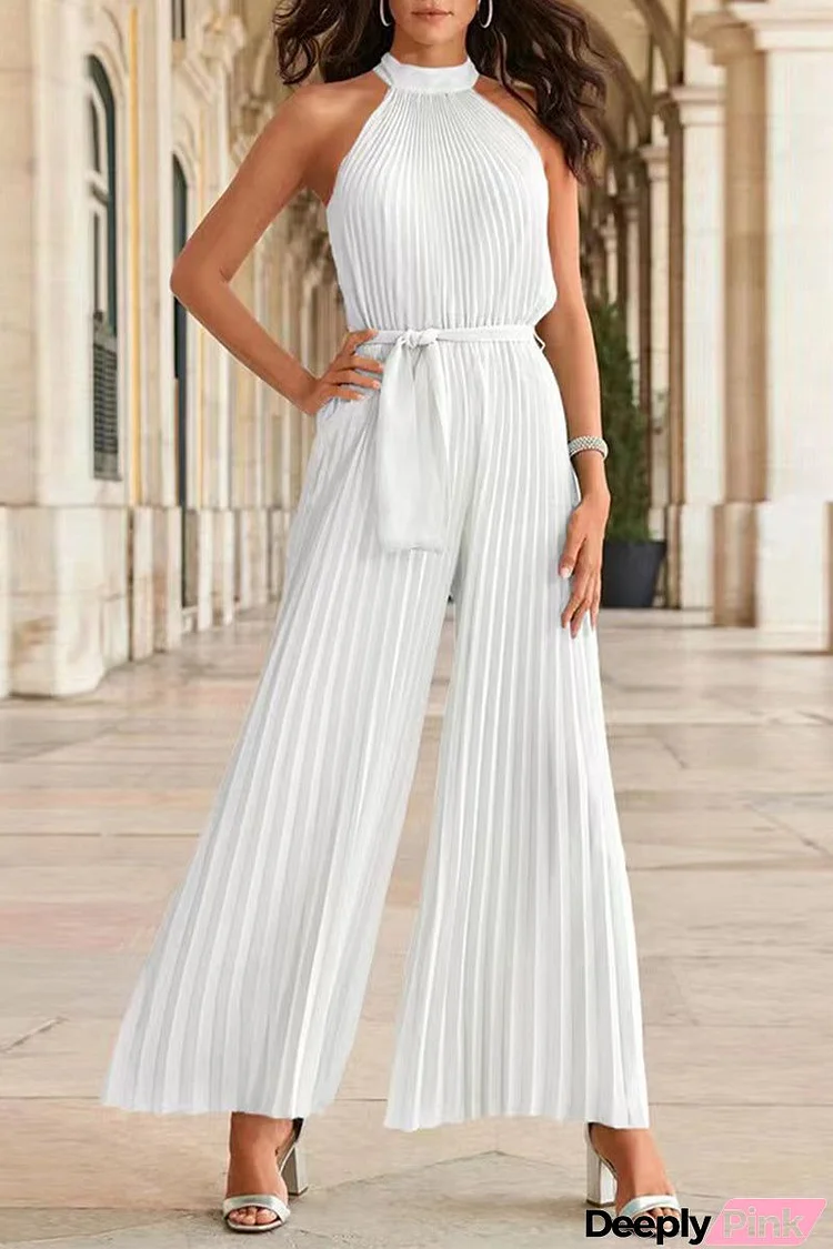 Casual Simplicity Solid Frenulum Fold Halter Loose Jumpsuits