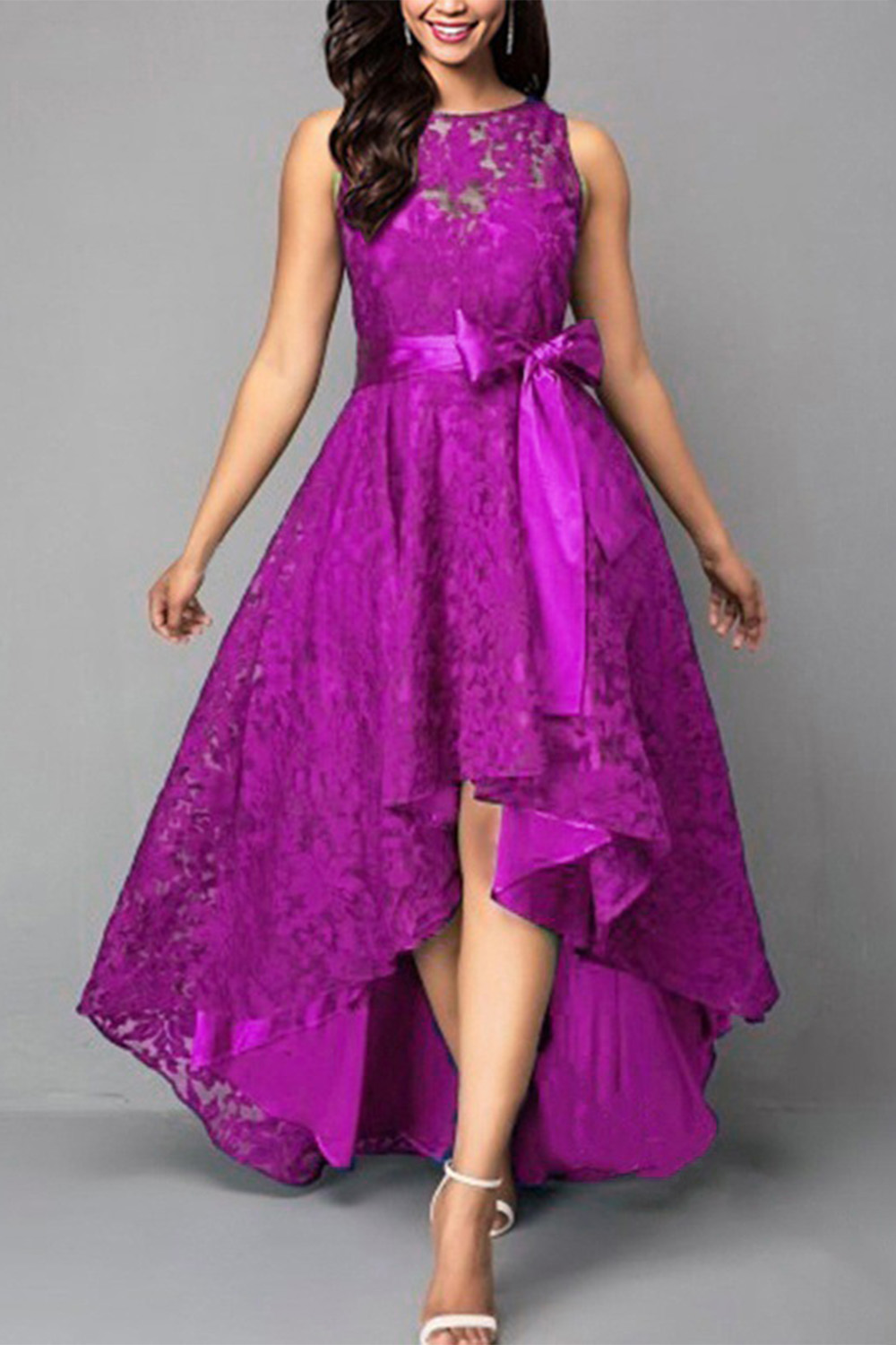 Plus Size Prom Royal Blue Lace Sleeveless Bow High Low Hem Maxi Dress 2024 - Flycurvy 