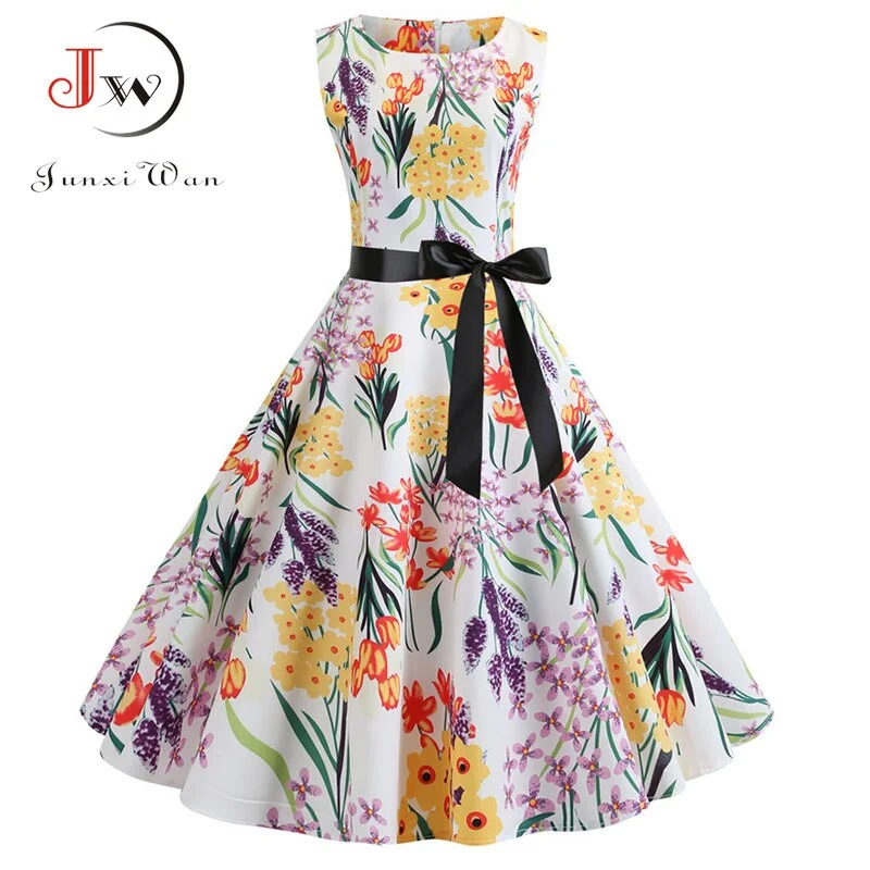 White Floral Print Women Summer Dress Sleeveless Elegant Vintage Party with Belt 50s 60s Robe Femme Casual Midi Dress