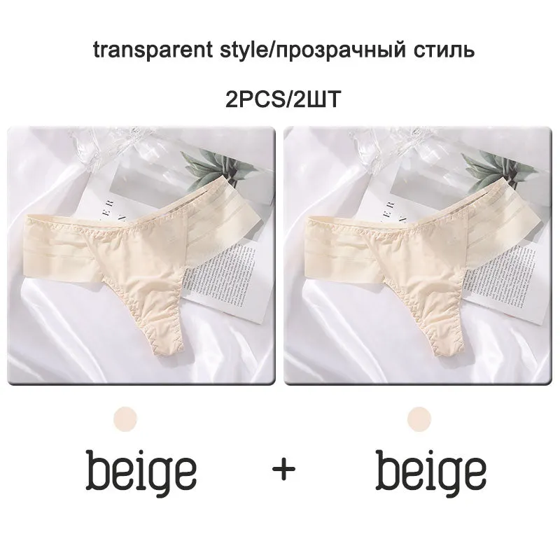 FINETOO 2Pcs/set Sexy Thongs Women Low Waist G-string Panties Fashion Hollow Out Seamless Underwear Perspective Underpants 2021