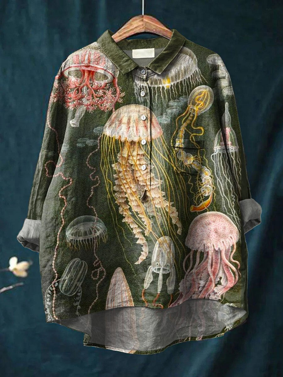 Vintage Lovely Jellyfish Art Print Casual Cotton And Linen Shirt