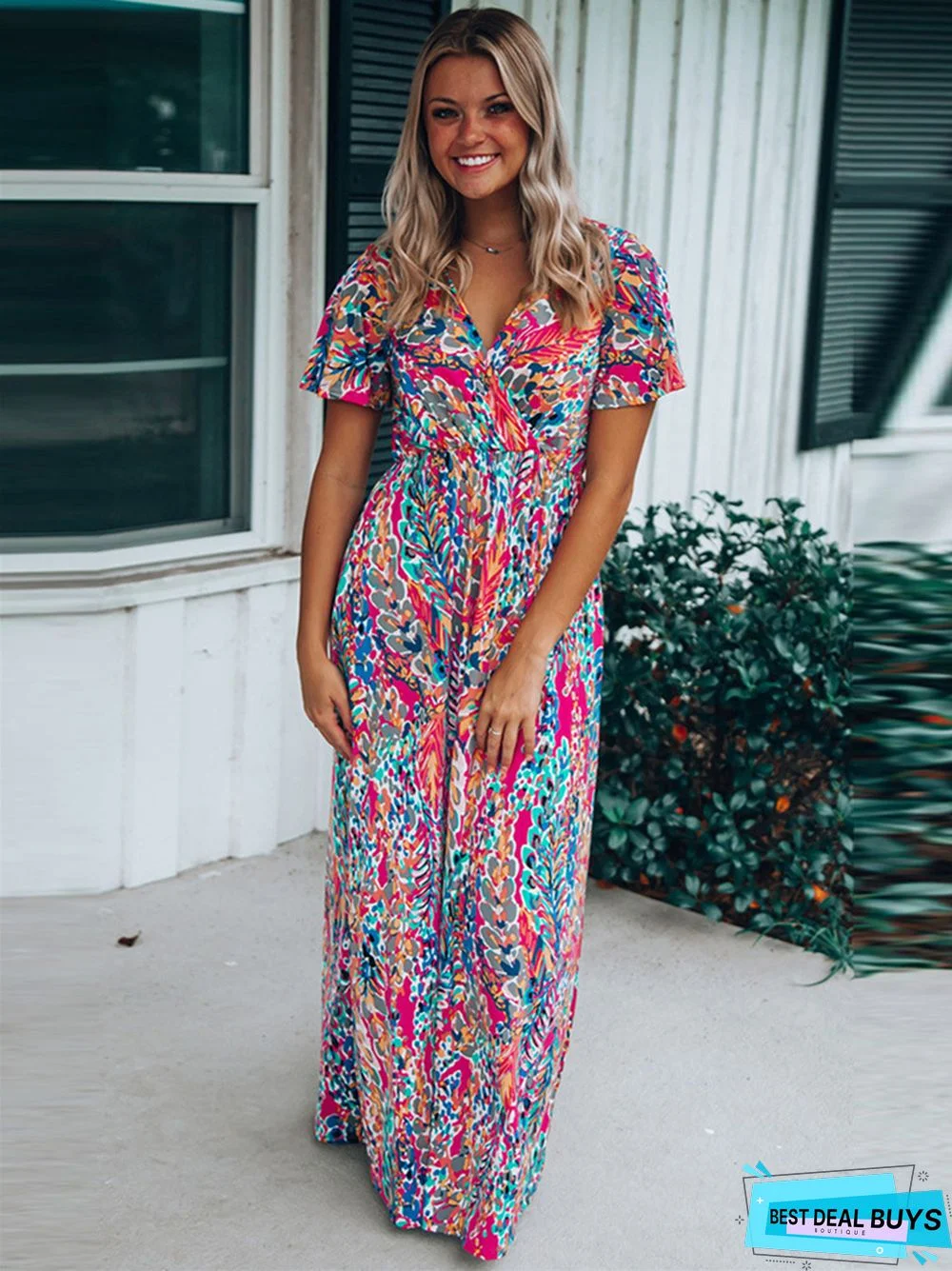 Short Sleeve V-neck Pullover Floral Skirt Lady Loose Casual Dress Full Skirt