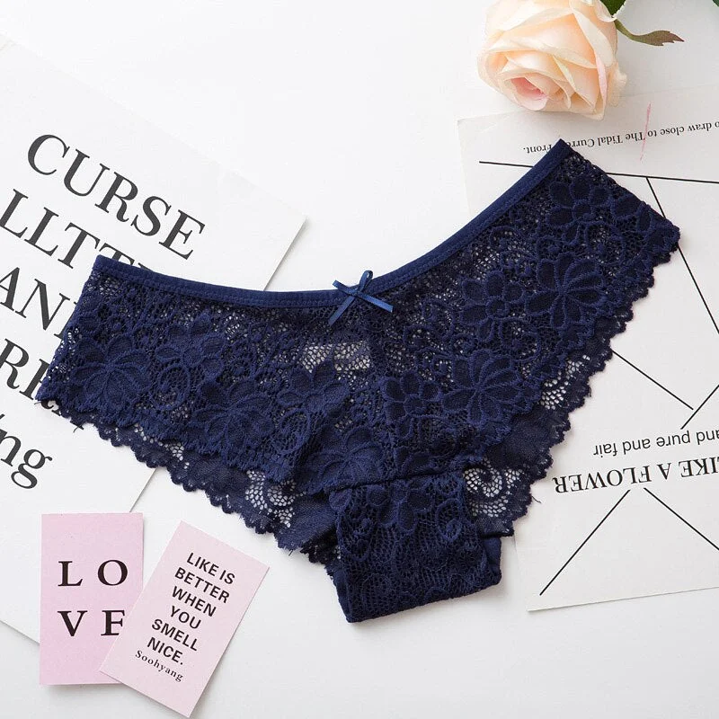 Women Sexy Lace Lingerie Low-waist Panties Embroidery Tempting Briefs Transparent Hollow out Underwear Female Underpants