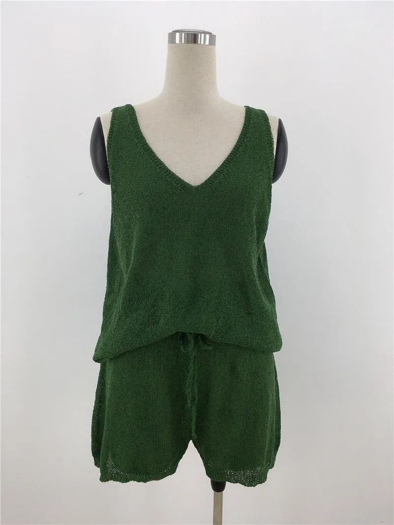 Fitshinling Bohemian Knit Women Matching Sets Loungewear Backless Tanks Tops Shorts Two Pieces Outfits Summer Holiday Suit Femme