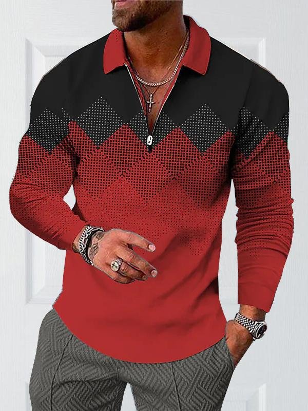 Red & Black Print Men's Long Sleeve Polo Shirt-VESSFUL