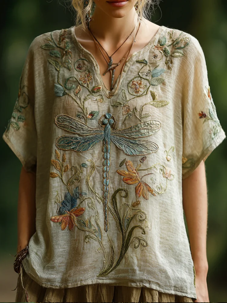 Vintage Cotton And Linen Dragonfly And Vine Pattern Worn-out V-neck Short-sleeved T-shirt