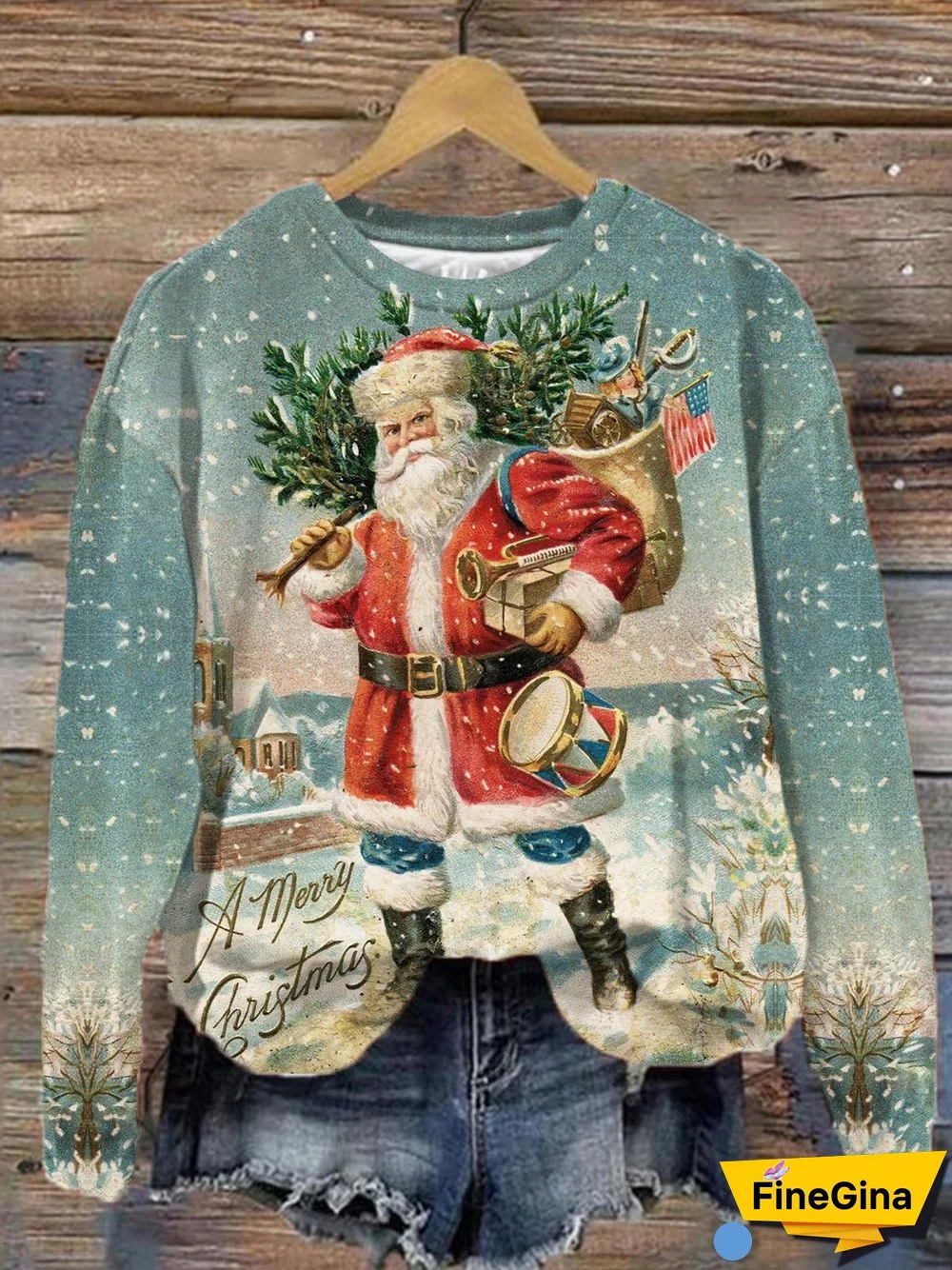 Women's Santa Printed Round Neck Long Sleeve Top