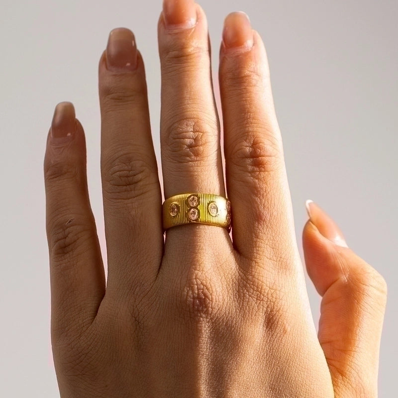 IG Style Stripe 304 Stainless Steel Zircon Plating Inlay Wide Band Rings Open Rings