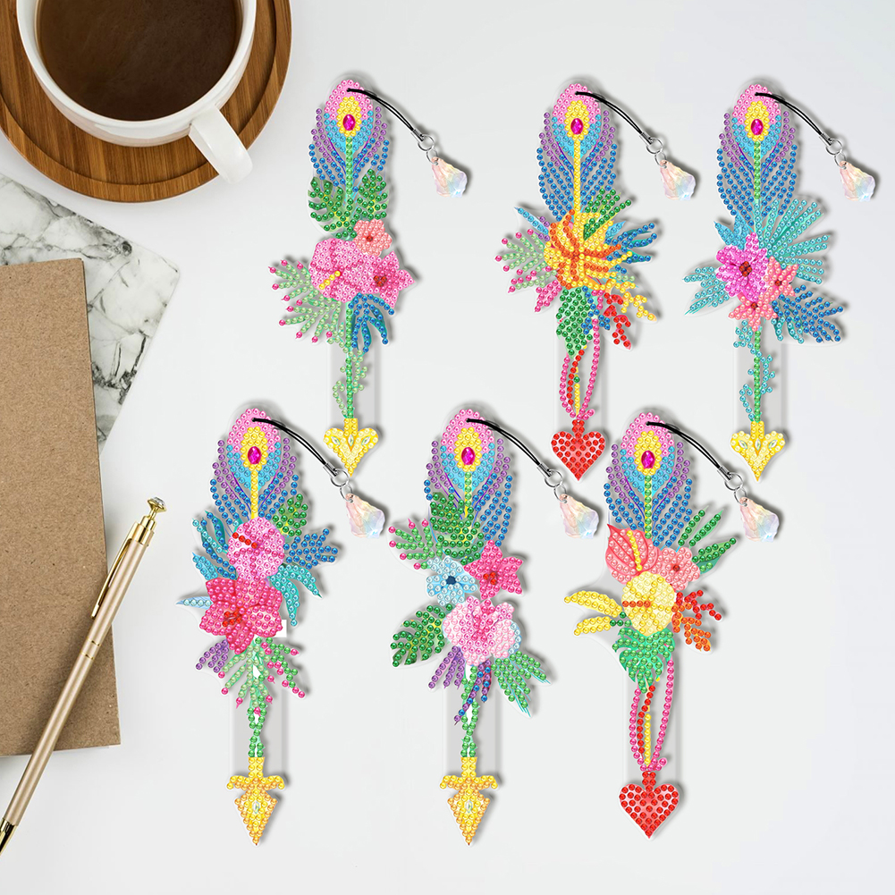 6pcs DIY Feather Diamond Painting Bookmarks with Crystal Pendant (SQ206)