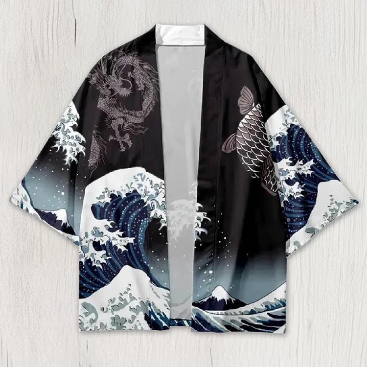 Simpfit Japanische Ukiyoe-Malerei von Wellen Japanische Kimono-Strickjacke