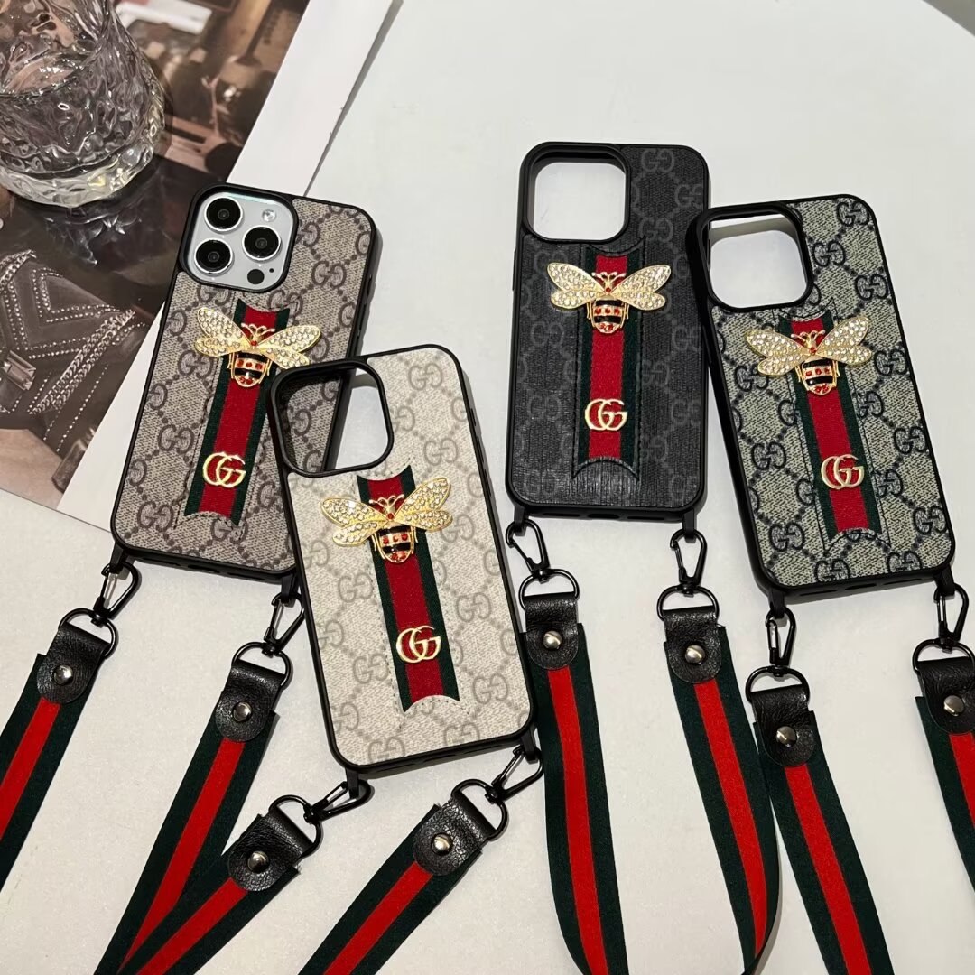 Gucci Ribbon Hand Rope 3D Bee Ophidia GG Apple iPhone16 ~11 Case Samsung Cover