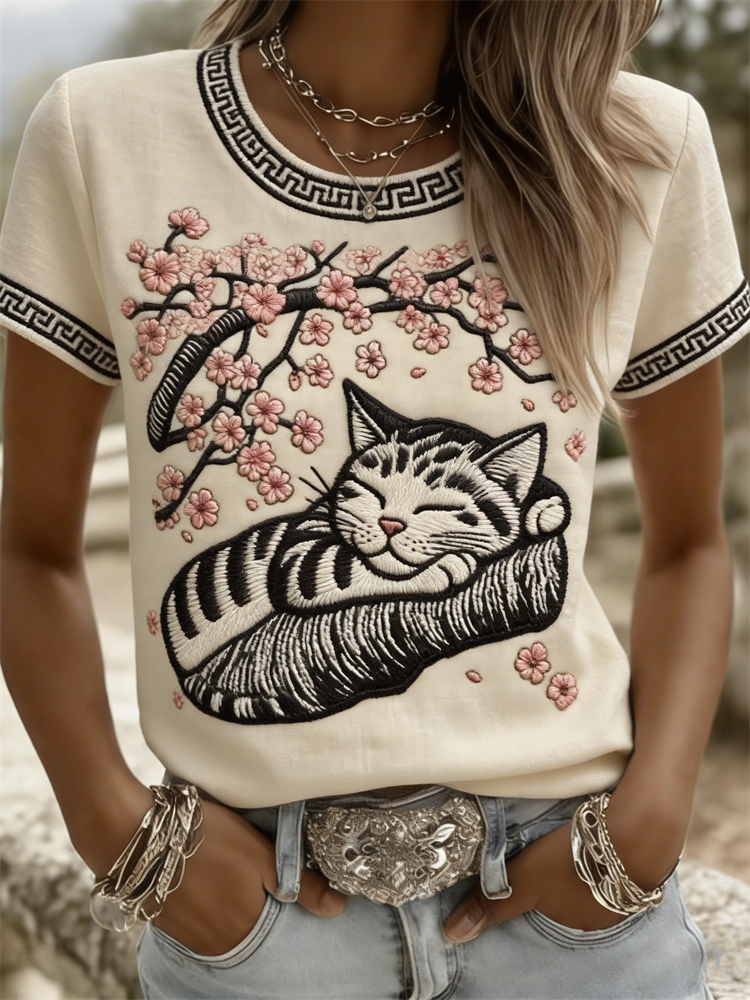 Comstylish Sleeping Cat & Cherry Blossom Japanese Lino Art T Shirt