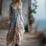 Boho Pink Roses Ruffle Trim Flowy Linen Maxi Dress - Image 2