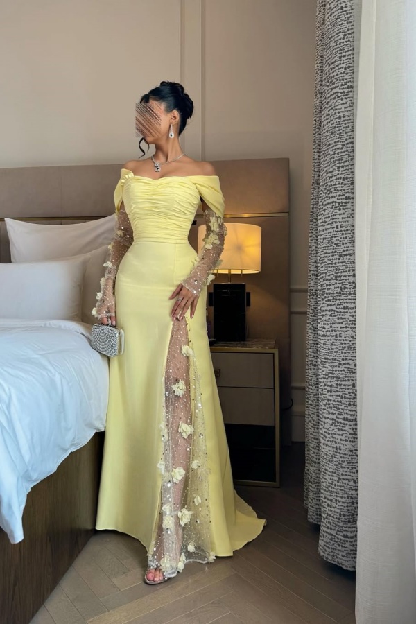 Off-The-Shoulder Light Yellow Split Prom Dress