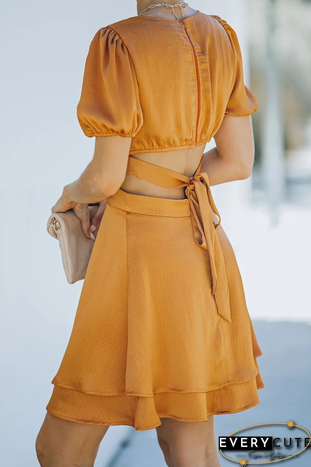 Yellow Crossover Waist Cut out Tie up Layered A line Dress