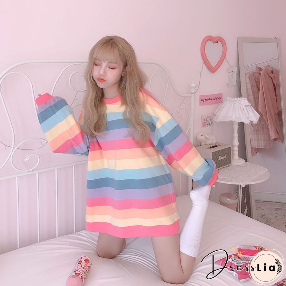 Harajuku Style Kpop Striped Loose Sweatshirt Women Spring Long Sleeve Pullover Kawaii Clothes Colorful Rainbow Student Girl Tops
