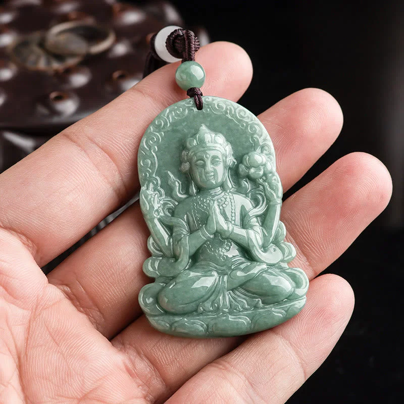 Four-armed Kwan Yin Avalokitesvara Natural Jade Abundance String Necklace Pendant