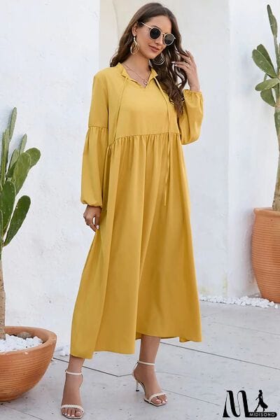 MidiSono - Ruched Tie Neck Balloon Sleeve Midi Dress