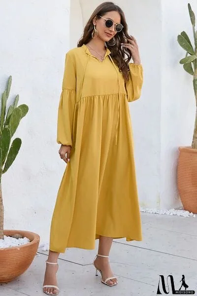 MidiSono - Ruched Tie Neck Balloon Sleeve Midi Dress