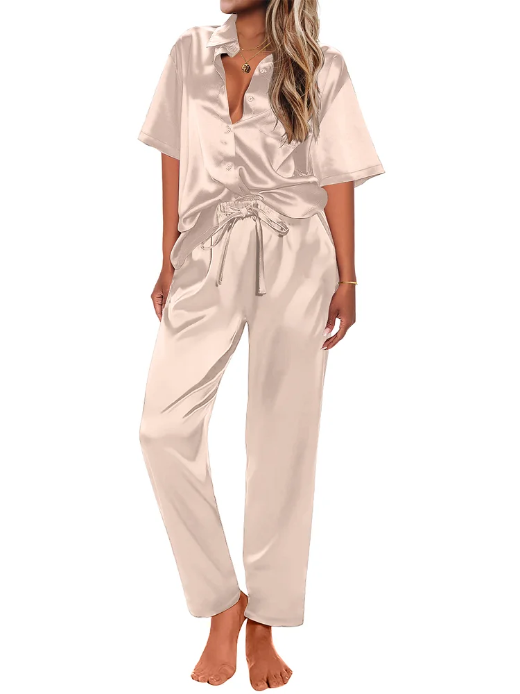 Womens Satin Silk Pajama Sets Short Sleeve Button Down Pajamas for Women 2 Piece Pjs Soft Lounge Sets for Women Sleepwear with Long Pant S-XL