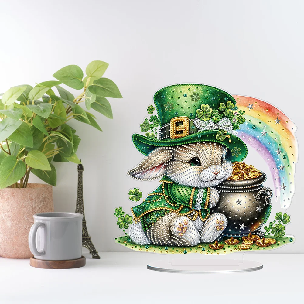 DIY Acrylic St. Patricks Day Rabbit Special Shape Diamond Painting Tabletop Ornament Creative Home Decor & Gift Idea for Adults - Relaxing Craft Activity