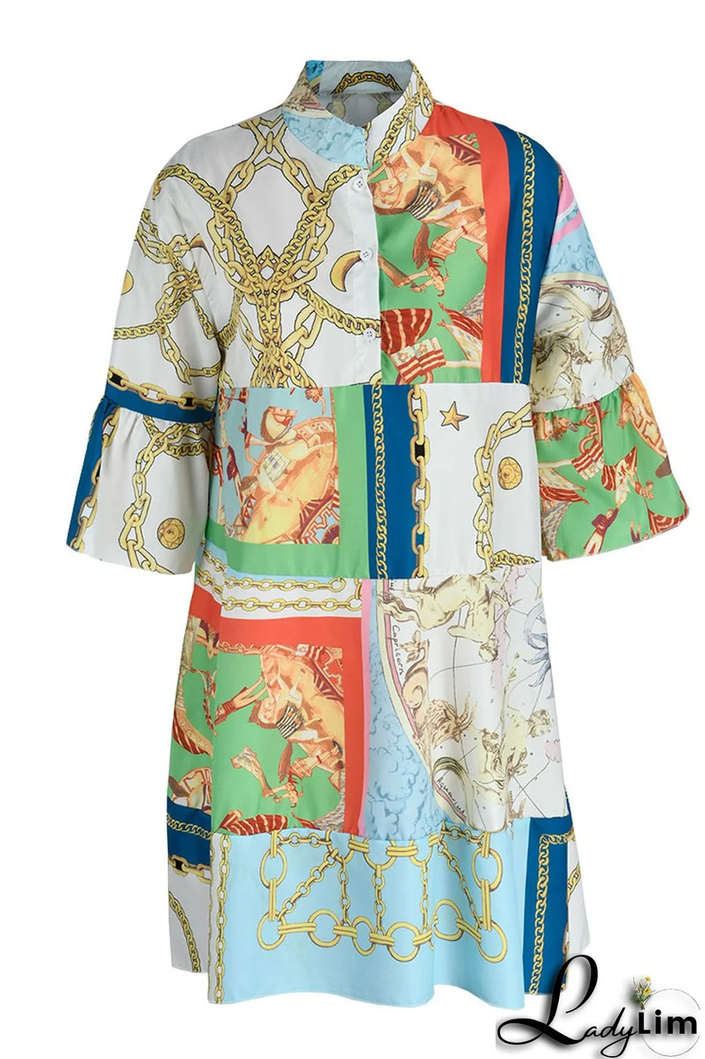 Gold Fashion Casual Print Patchwork V Neck A Line Dresses