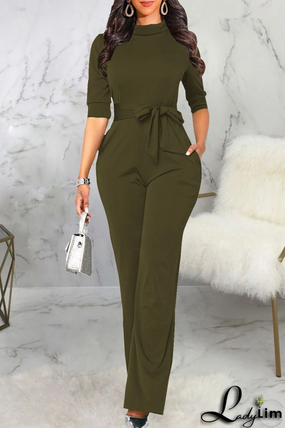 Brown Casual Solid Split Joint With Belt Half A Turtleneck Straight Jumpsuits