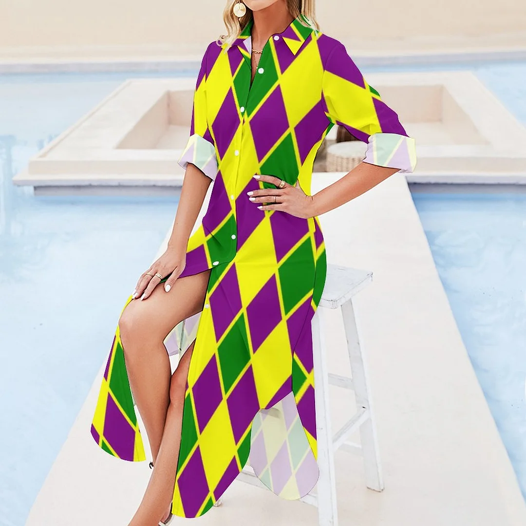 Mardi Gras Harlequin Pattern Mardi Gras Women Casual Retro Print Maxi Dresses Loose Button Down Blouse Split Long Dress